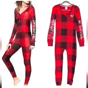 Victoria’s Secret PINK Buffalo Plaid Check Long Johns Onesie Pajamas M Red Black
